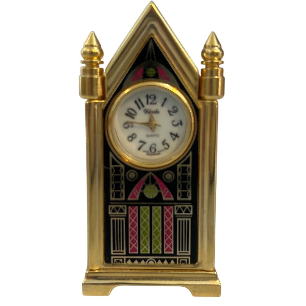 Xanadu Miniature Cathedral Clock Gold Tone‎ Stained Glass Quartz Desk Accessory